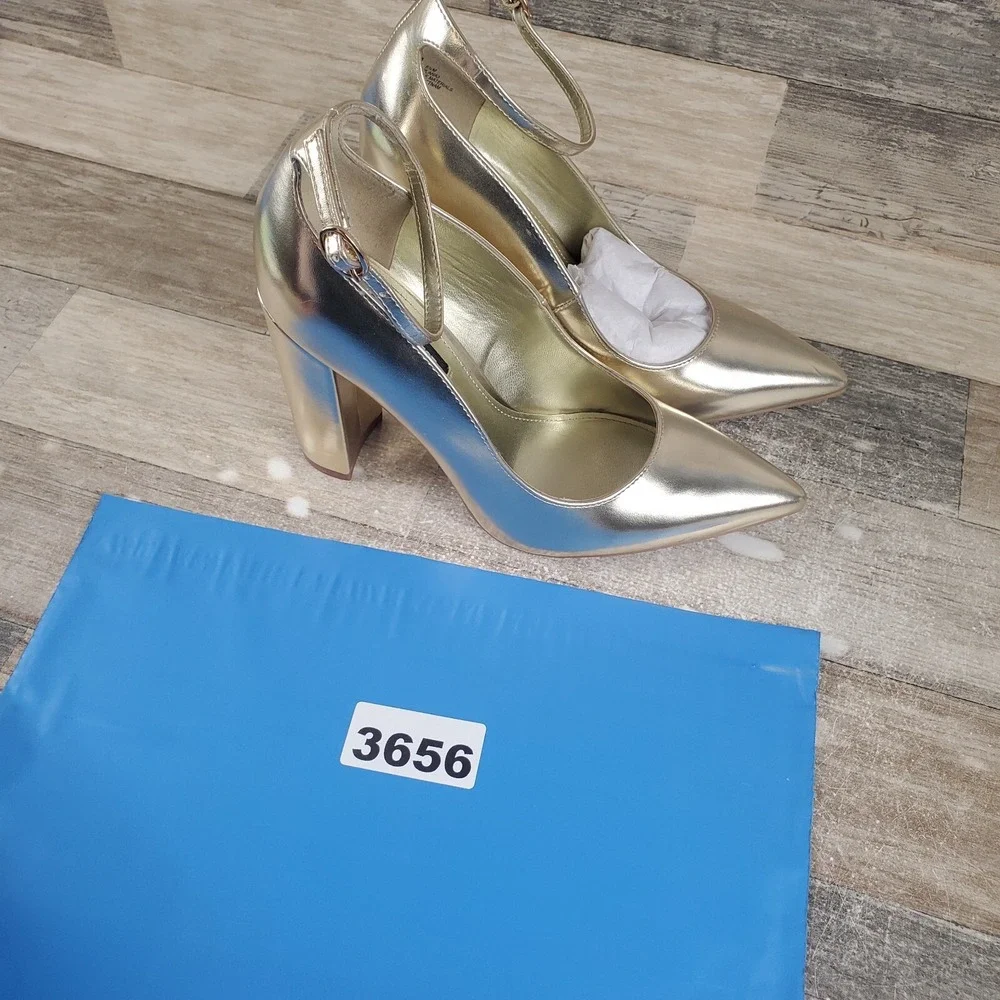 Nine West Plana 3 Womens Pumps Sz 6.5 M Metallic Gold Pointed Toe Ankle Strap